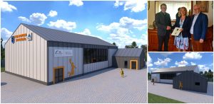Wizualizacja hali w Prokowie i podpisanie umowy (fot. gmina Kartuzy)