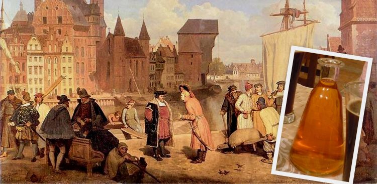 Wojciech Gerson, Gdańsk w XVII wieku, 1865 (fot. Muzeum Narodowe w Poznaniu) W ramce butelka krambabuli (fot. Wikimedia Commons/Viktorianec)