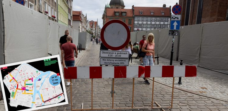 Zmiana organizacji ruchu i utrudnienia w centrum Gdańska z powodu zbliżającego się Jarmarku św. Dominika. Zamknięty wjazd na  ulicę Św. Ducha. Zdjęcie archiwalne (fot. Daniel Słoboda / KFP - graf. mat. pras.)
