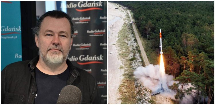 Robert Magiera w studiu Radia Gdańsk, po lewej: start rakiety PERUN firmy SpaceForest (fot. Radio Gdańsk/mat. pras.)