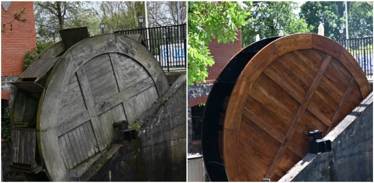 Koło młyńskie przed i po renowacji (fot. UM Rumia)