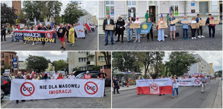 Protest przeciwko nielegalnej migracji w Słupsku i towarzyszący mu kontrprotest działaczy lewicowych (fot. Radio Gdańsk/Przemysław Woś)