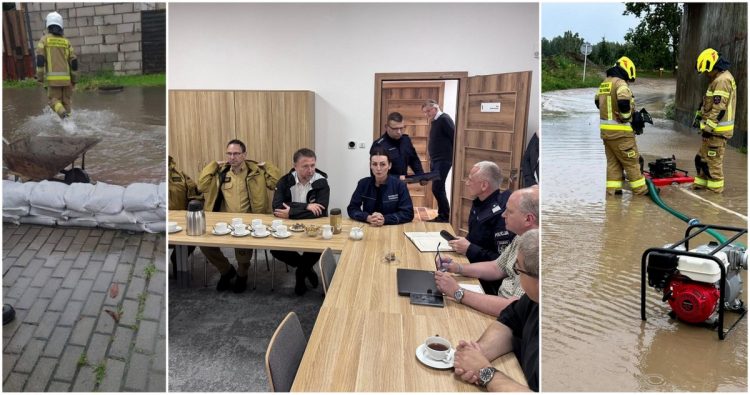 Zalania w Nowym Dworze Gdańskim i Rębiechowie oraz szef MSWiA Marcin Kierwiński wraz z wojewodą pomorską Beatą Rutkiewicz na posiedzeniu sztabu kryzysowego (fot. Straż Pożarna, Pomorska Policja)