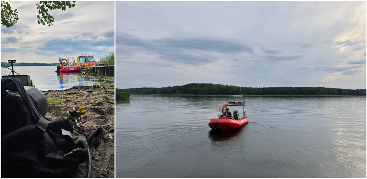 W Starym Młynie nurek nie wypłynął na powierzchnię po zanurzeniu w rejonie ujścia rzeki do Jeziora Charzykowskiego (fot. OSP Charzykowy)