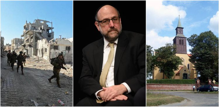 W kolażu od lewej: Izraelscy żołnierze podczas inwazji na Strefę Gazy, 31 października 2023 roku, Michael Schudrich - naczelny rabin Polski, Kościół w Łęgowie (fot. IDF Spokesperson's Unit/Cezary Piwowarski/Przemysław Jahr/Wikimedia Commons)
