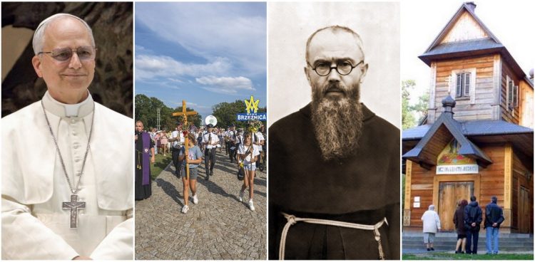 Papież Leon XIV, piesza pielgrzymka podchodząca pod mury klasztoru na Jasnej Górze, Maksymilian Kolbe, Góra Grabarka (fot. Wikimedia Commons/The Pillar/Edgar Beltrán, Wikimedia Commons/Krzysztof Popławski, Wikimedia Commons)