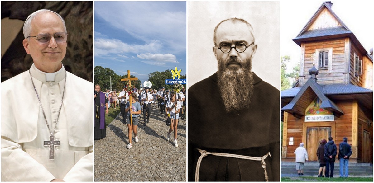 Papież Leon XIV, piesza pielgrzymka podchodząca pod mury klasztoru na Jasnej Górze, Maksymilian Kolbe, Góra Grabarka (fot. Wikimedia Commons/The Pillar/Edgar Beltrán, Wikimedia Commons/Krzysztof Popławski, Wikimedia Commons)