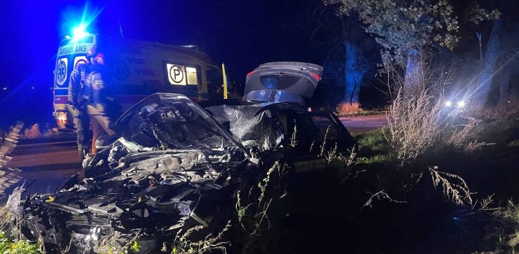 Drzewo spadło na samochód samochód w miejscowości Antonin. Dwie osoby zostały ranne (fot. Miejska OSP  w Prabutach)