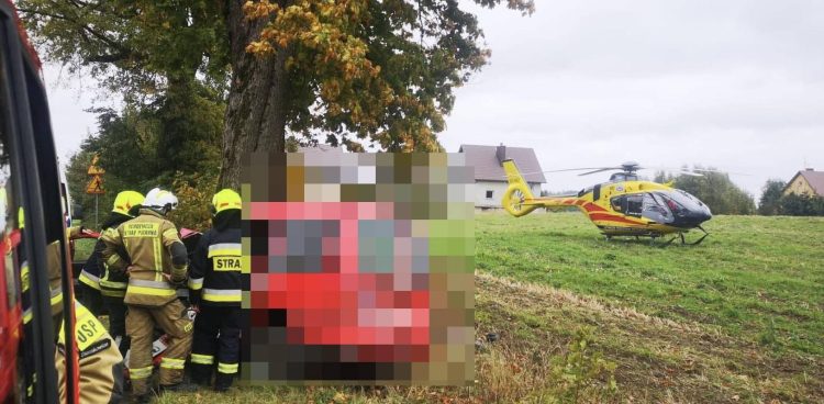 Na miejscu wypadku w Puzdrowie lądował helikopter LPR (Fot. KPP Kartuzy)