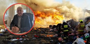 Wójt gminy Cewice Jerzy Bańka (fot. Radio Gdańsk/Przemysław Woś) / płonące składowisko odpadów tekstylnych (fot. PSP)