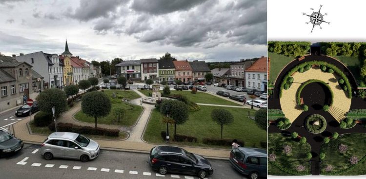 Rynek w Skarszewach i nowy projekt Skarszewskiego rynku (fot. Radio Gdańsk/Filip Jędruch, Facebook/Skarszewy)