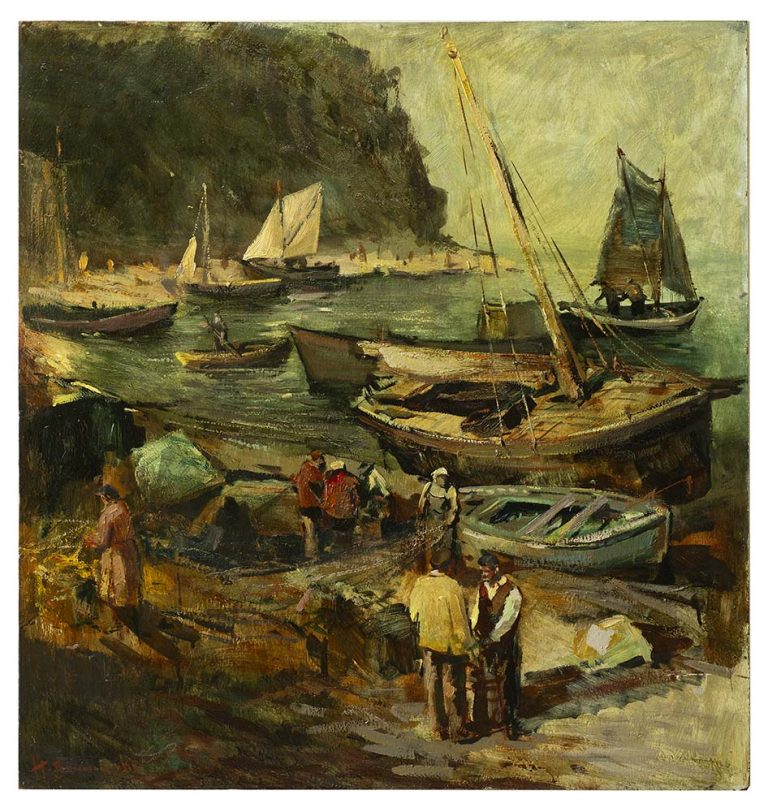 Przystań rybacka w Orłowie (Dawne Orłowo), 1986, olej / płyta, 70 x 66 cm, wł. prywatna, wł. prywatna (fot. Muzeum Miasta Gdyni)