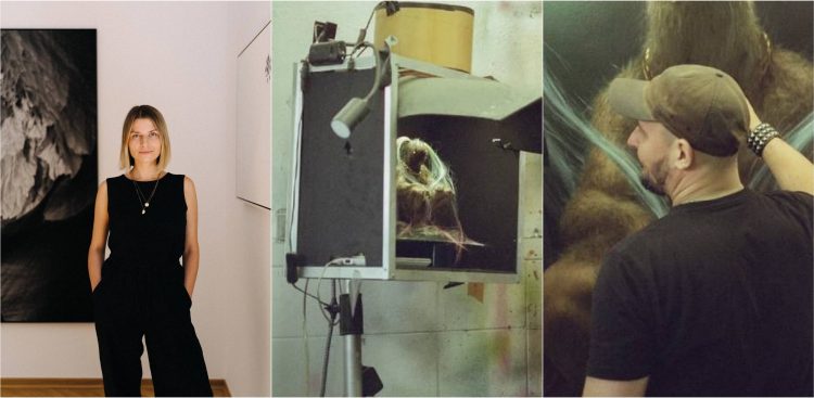 Od lewej: dyrektorka i kuratorka Agata Abramowicz, artysta Marcin Zawicki przy pracy nad wystawa "Megahit" (fot. przyplyw.com)