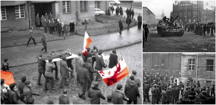Protestujący niosą na drzwiach zabitego Zbyszka Godlewskiego. Demonstracje Grudnia 1970 w Gdyni (fot. IPN)