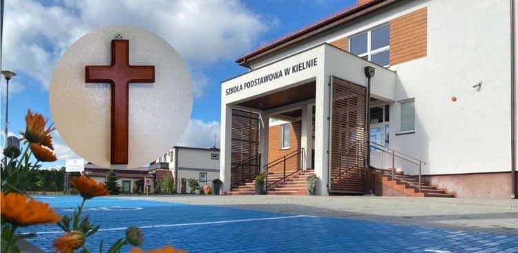 Szkoła w Kielnie (fot. spkielno.pl) / Krzyż - zdjęcie ilustracyjne (fot. canva.com)