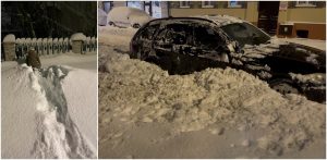 Po lewej śnieg w gminie Główczyce, po prawej ul. Wileńska w Słupsku (fot. Radio Gdańsk/Łukasz Kosik)