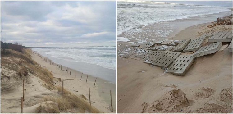 Woda pod wydmą, wejście nr 12 w Piaskach i uszkodzony zjazd na plażę nr 56, Sztutowo-Kąty Rybackie (fot. Urząd Morski w Gdyni)