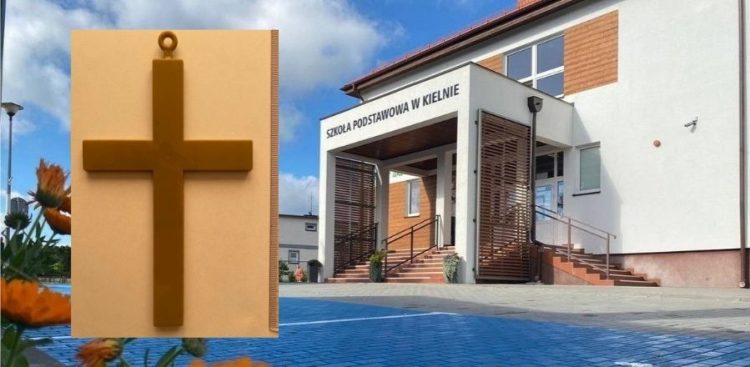 Szkoła w Kielnie (fot. spkielno.pl) / Krzyż (fot. policja)
