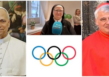 Od lewej: papież Leon XIV, siostra Samuela Ciesielska, flaga olimpijska i kard. Konrad Krajewski (fot. Wikimediacommons/LulaOfficial, Radio Gdańsk/Anna Rębas, Wikimediacommons/ lvivmedia)