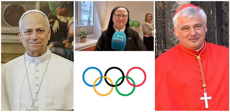 Od lewej: papież Leon XIV, siostra Samuela Ciesielska, flaga olimpijska i kard. Konrad Krajewski (fot. Wikimediacommons/LulaOfficial, Radio Gdańsk/Anna Rębas, Wikimediacommons/ lvivmedia)