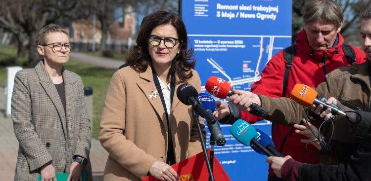 Aleksandra Dulkiewicz. Konferencja w sprawie przebudowy torowisk w Śródmieściu Gdańska, 31.03.2026 r. (fot. Grzegorz Mehring/gdansk.pl)
