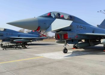 Niemieckie Eurofightery w 22. Bazie Lotnictwa Taktycznego w Malborku (fot. Radio Gdańsk/Mateusz Czerwiński)