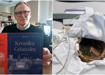 Dr Leszek Molendowski prezentuje "Kronikę Gdańska". Po prawej: średniowieczna pieczęć papierowo-woskowa z Archiwum Państwowego w Gdańsku (fot. Radio Gdańsk / Marzena Bakowska)