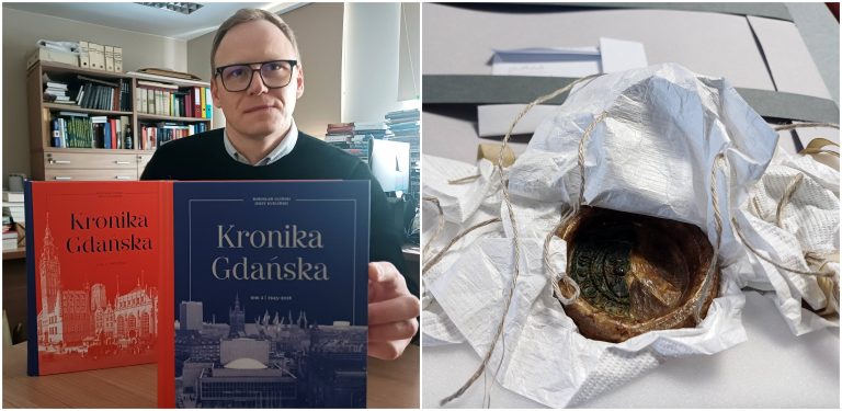 Dr Leszek Molendowski prezentuje "Kronikę Gdańska". Po prawej: średniowieczna pieczęć papierowo-woskowa z Archiwum Państwowego w Gdańsku (fot. Radio Gdańsk / Marzena Bakowska)