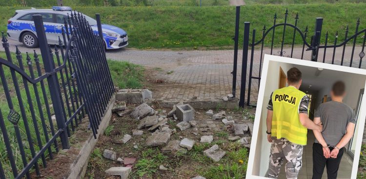 Pijany wjechał samochodem w ogrodzenie cmentarza w Prokowie koło Kartuz (fot. KPP w Kartuzach)