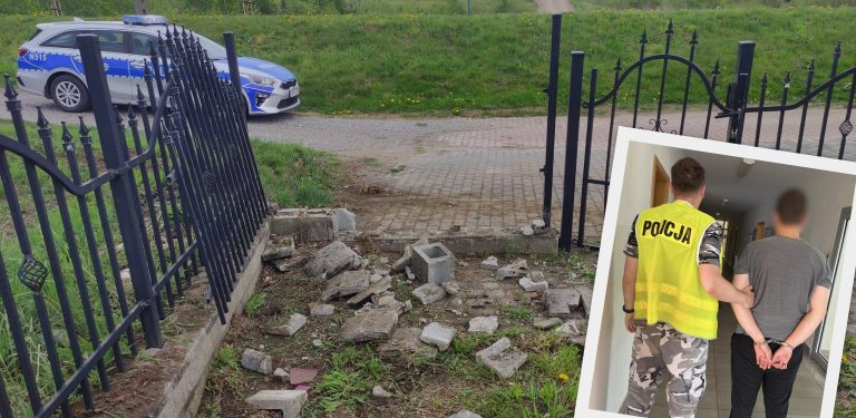 Pijany wjechał samochodem w ogrodzenie cmentarza w Prokowie koło Kartuz (fot. KPP w Kartuzach)