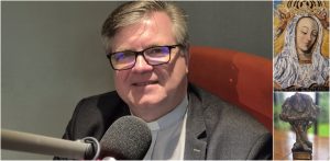 Kolaż: Ks. Piotr Libiszewski, obraz Matki Bożej Pojednania w Łęgowie, statuetka wyróżnienia "Człowiek Pojednania i Pokoju"