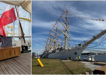 Sail 250 Virginia, Norfolk. Kolaż dwóch zdjęć: po lewej kobieta w okularach przeciwsłonecznych stoi na drewnianym pokładzie Daru Młodzieży na tle polskiej flagi; po prawej trzymasztowy żaglowiec „Dar Młodzieży” zacumowany przy nabrzeżu w Norfolk, udekorowany kolorowymi flagami