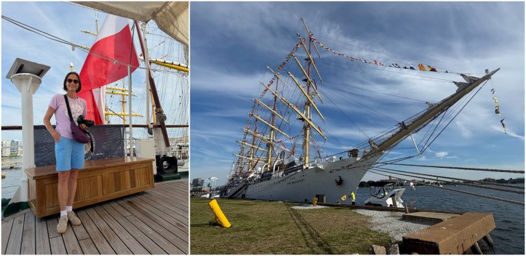 Sail 250 Virginia, Norfolk. Kolaż dwóch zdjęć: po lewej kobieta w okularach przeciwsłonecznych stoi na drewnianym pokładzie Daru Młodzieży na tle polskiej flagi; po prawej trzymasztowy żaglowiec „Dar Młodzieży” zacumowany przy nabrzeżu w Norfolk, udekorowany kolorowymi flagami