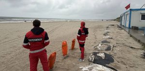 Ratownicy wodni na plaży wschodniej w Ustce. Dwóch ratowników w czerwono-czarnych strojach z napisem "RATOWNIK" na plecach. Stoją na piaszczystej plaży i patrzą w stronę morza. Obok nich znajdują się pomarańczowe boje ratunkowe. W oddali biało-niebieski budynek z czerwoną flagą na dachu. Plaża jest opustoszała, a w tle widać linię horyzontu z morzem, niebo jest zachmurzone. To początek sezonu kąpielowego