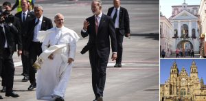 Kolaż zdjęć. Główna fotografia przedstawia Leona XIV podczas pielgrzymki do Hiszpanii. Po prawej, na dwóch mniejszych zdjęciah widnieją Ostra Brama w Wilnie oraz katedra w Santiago de Compostella