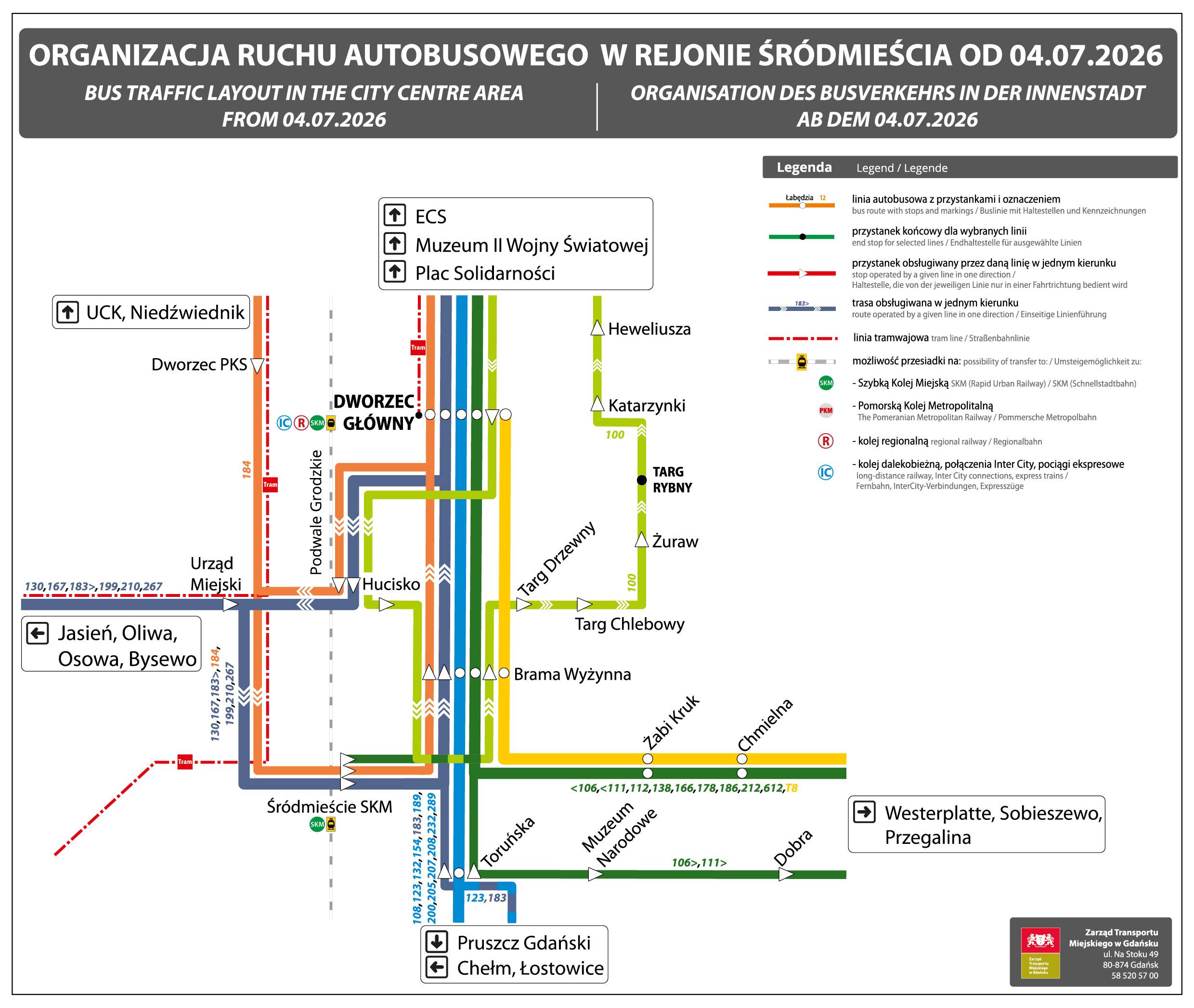 Schemat komunikacji autobusowej w Śródmieściu Gdańska w czasie remontu Węzła Hucisko od soboty, 27 czerwca