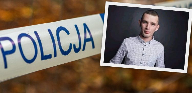 Na kolażu widoczna jest taśma policyjna zabezpieczająca miejsce zdarzenia. Na drugim zdjęciu znajduje się poszukiwany Mateusz Górnowicz