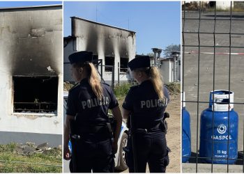 Trzyczęściowy kolaż zdjęć przedstawiający zniszczenia po pożarze zakładu w Charnowie. Na lewym zdjęciu widoczna jest osmalona, pokryta czarną sadzą elewacja budynku z wypalonymi, pustymi otworami okiennymi. Środkowy kadr przedstawia dwie policjantki w ciemnych mundurach stojące tyłem do obiektywu, które obserwują i zabezpieczają teren przed częściowo spalonym budynkiem produkcyjnym. Po prawej stronie, za metalowym ogrodzeniem z siatki, stoi rząd niebieskich butli gazowych marki Gaspol o pojemności 11 kg