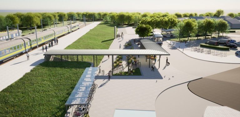 Wizualizacja architektury przy węźle Gdynia Chylonia (graf. studio architektoniczne Restudio)