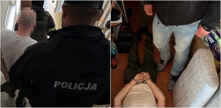 Kolaż dwóch zdjęć przedstawiających zatrzymanie mężczyzny przez policję. Po lewej stronie: widok od tyłu na policjanta w ciemnej kurtce z dużym, szarym napisem „POLICJA”, eskortującego po schodach mężczyznę w jasnym t-shircie z rozmazaną twarzą. Po prawej stronie: ujęcie z góry na zatrzymanego leżącego na brzuchu na podłodze w pokoju, z rękami skutymi z tyłu kajdankami, obok którego stoi funkcjonariusz w cywilnym ubraniu (jeansach i sportowych butach). Funkcjonariusze Komendy Wojewódzkiej Policji w Gdańsku zatrzymali poszukiwanego listem gończym. 49-latek został skazany przez Sąd Rejonowy w Słupsku na 2,5 roku pozbawienia wolności za seksualne wykorzystanie małoletniej