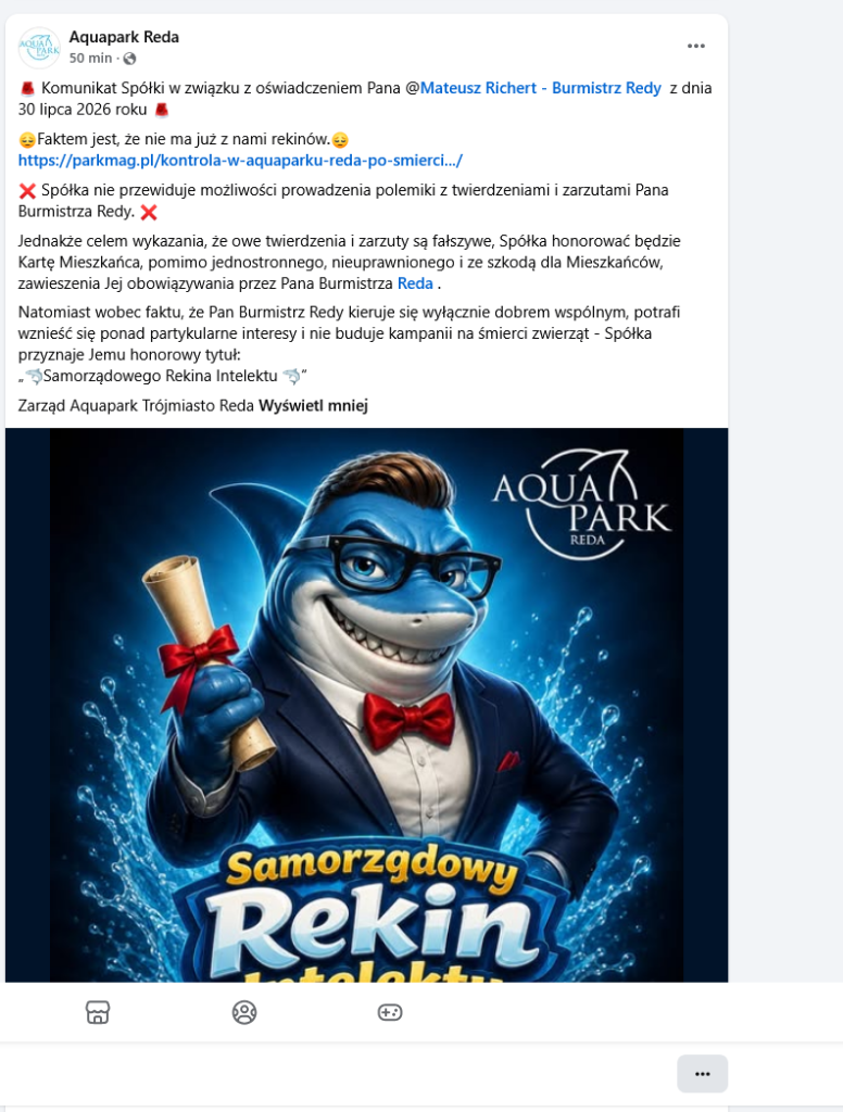 Oświadczenie, które wydał Aquapark Reda po śmierci rekinów, szybko zniknęło z sieci