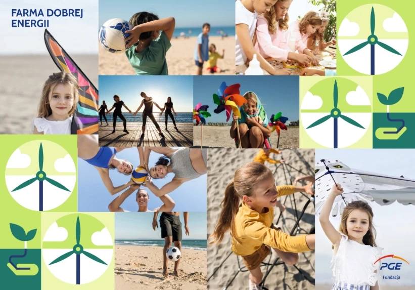 Kolaż zdjęć przedstawiający dzieci i dorosłych korzystających z atrakcji na plaży w ramach strefy „Farma Dobrej Energii”, uzupełniony grafikami turbin wiatrowych i logotypem Fundacji PGE