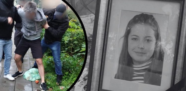 Kolaż zdjęć. Po lewej stronie, w okrągłym kadrze, widać moment zatrzymania na chodniku mężczyzny w szarej bluzie z kapturem i ciemnych spodenkach przez nieumundurowanych funkcjonariuszy policji. Przy jego stopach leży zielony worek na śmieci. Po prawej stronie widoczne jest czarno-białe, oprawione w ramkę zdjęcie uśmiechniętej młodej dziewczyny o długich włosach. Twarze zatrzymywanego oraz policjantów zostały zamazane. Sprawa 13-letniej Izy z Gdyni