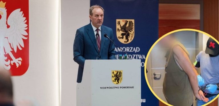 Kolaż zdjęć. Po lewej: Mieczysław Struk, marszałek woj. pomorskiego, w garniturze przemawia przy oficjalnej mównicy z herbem województwa pomorskiego. Po prawej, w żółtym okręgu: policjant zakłada kajdanki zatrzymanemu mężczyźnie o zamazanej twarzy, który zaatakował nożem mieszkańca Ukrainy w Rumi