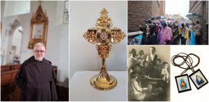 Od lewej: ojciec Andrzej Żyłka - karmelita z kościoła św. Katarzyny w Gdańsku, relikwia krwi św. Jana Pawła II, pielgrzymka z Gdańska na Jasną Górę, rodzina Ulmów, szkaplerz karmelitański