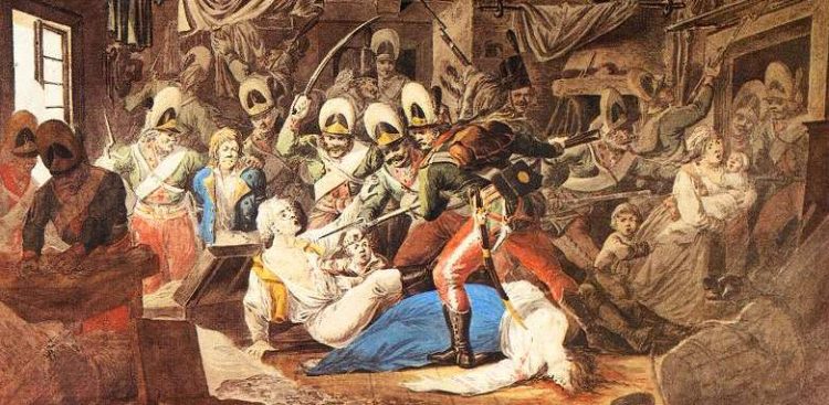 Dynamiczny, dramatyczny obraz przedstawiający wnętrze zdemolowanego pokoju, w którym rosyjscy żołnierze w charakterystycznych wysokich czapkach (mitrach i czakach) brutalnie atakują bezbronnych cywilów. Na pierwszym planie, na podłodze, leży ranny mężczyzna w jasnej koszuli, starający się osłonić małe dziecko, a tuż obok niego spoczywa bezwładne ciało kobiety w niebieskiej spódnicy. Nad nimi stoi rosyjski żołnierz z bagnetem wymierzonym w leżącego. Po prawej stronie przerażona kobieta trzymająca niemowlę próbuje uciec przed napastnikami przedzierającymi się przez drzwi. W tle panuje chaos, widać wzniesione szable, bagnety oraz żołnierzy plądrujących pomieszczenie. To uznane dzieło malarskie Aleksandra Orłowskiego zatytułowane „Rzeź Pragi” (namalowane około 1810 roku)