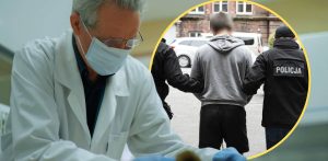 Kolaż składający się z dwóch połączonych ujęć. Po lewej stronie widoczny jest starszy naukowiec w okularach, białym labolatoryjnym kitlu i jasnoniebieskiej maseczce ochronnej, który w skupieniu pochyla się nad stanowiskiem pracy. Po prawej stronie, wewnątrz wyciętego żółtego okręgu, widać ujęcie od tyłu: mężczyzna w szarej bluzie z kapturem i czarnych spodenkach jest prowadzony przez dwóch funkcjonariuszy w czarnych mundurach taktycznych. Na plecach jednego z nich widnieje biały, wyraźny napis "POLICJA"