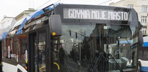 Niebiesko-biały autobus komunikacji miejskiej w Gdyni (ZKM Gdynia) jedzie miejską ulicą. W tle widoczne są drzewa, chodnik oraz fragmenty budynków mieszkalnych