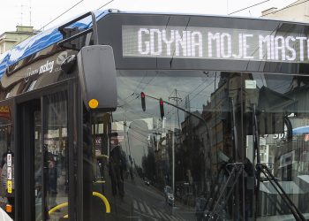 Niebiesko-biały autobus komunikacji miejskiej w Gdyni (ZKM Gdynia) jedzie miejską ulicą. W tle widoczne są drzewa, chodnik oraz fragmenty budynków mieszkalnych