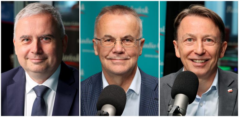 Zbliżenia na gości audycji, kolejno Przemysław Olczyk, Jarosław Sellim, Patryk Gabriel